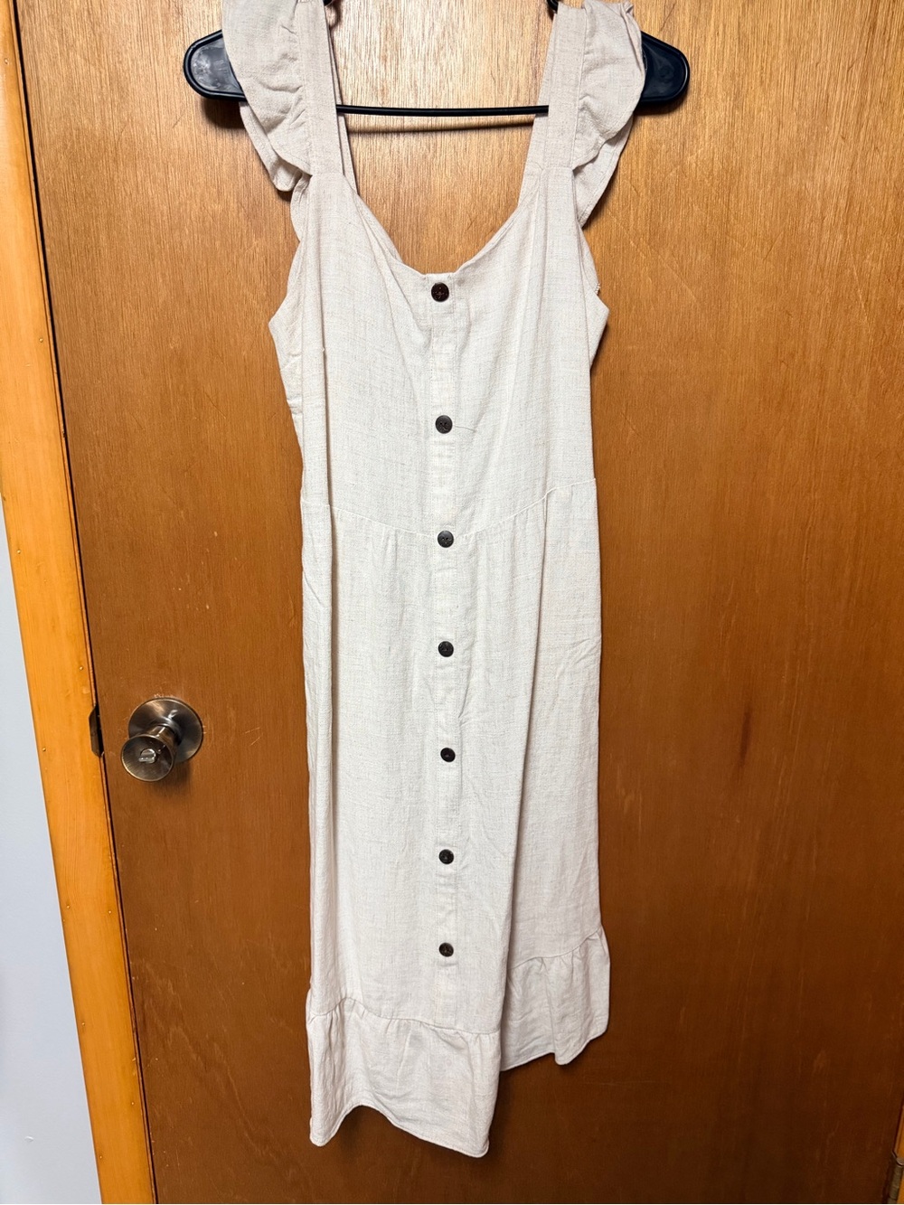 Monteau Cream Button-Front Ruffle-Shoulder Midi Dress
